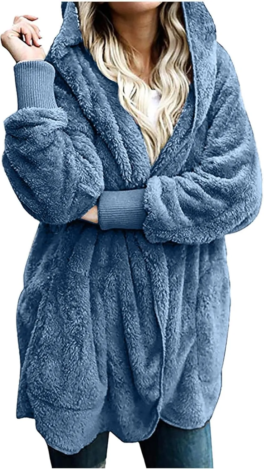 Womens Fuzzy Fleece Cardigan Coat Casual Oversized Open Front Sherpa Hooded Jackets Warm Winter Fluffy Outerwear