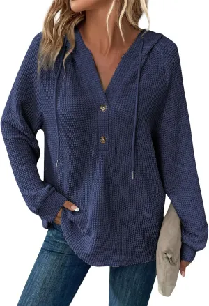 Womens Hoodies 2024 Fall Fashion Button V Neck Waffle Knit Tops Drawstring Hooded Oversized Sweatshirt with Pocket