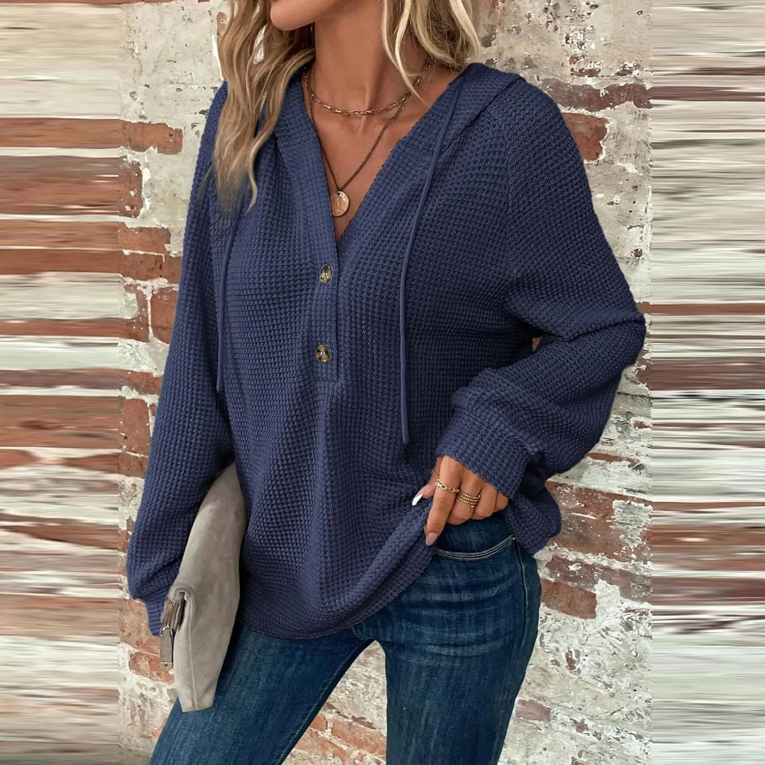 Womens Hoodies 2024 Fall Fashion Button V Neck Waffle Knit Tops Drawstring Hooded Oversized Sweatshirt with Pocket