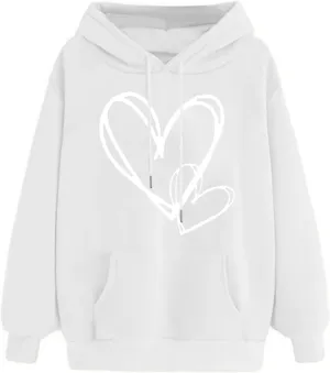 Womens Hoodies Pullover Fall Fashion Love Heart Print Long Sleeve Oversized Sweatshirt Loose Fit Blouses with Pockets