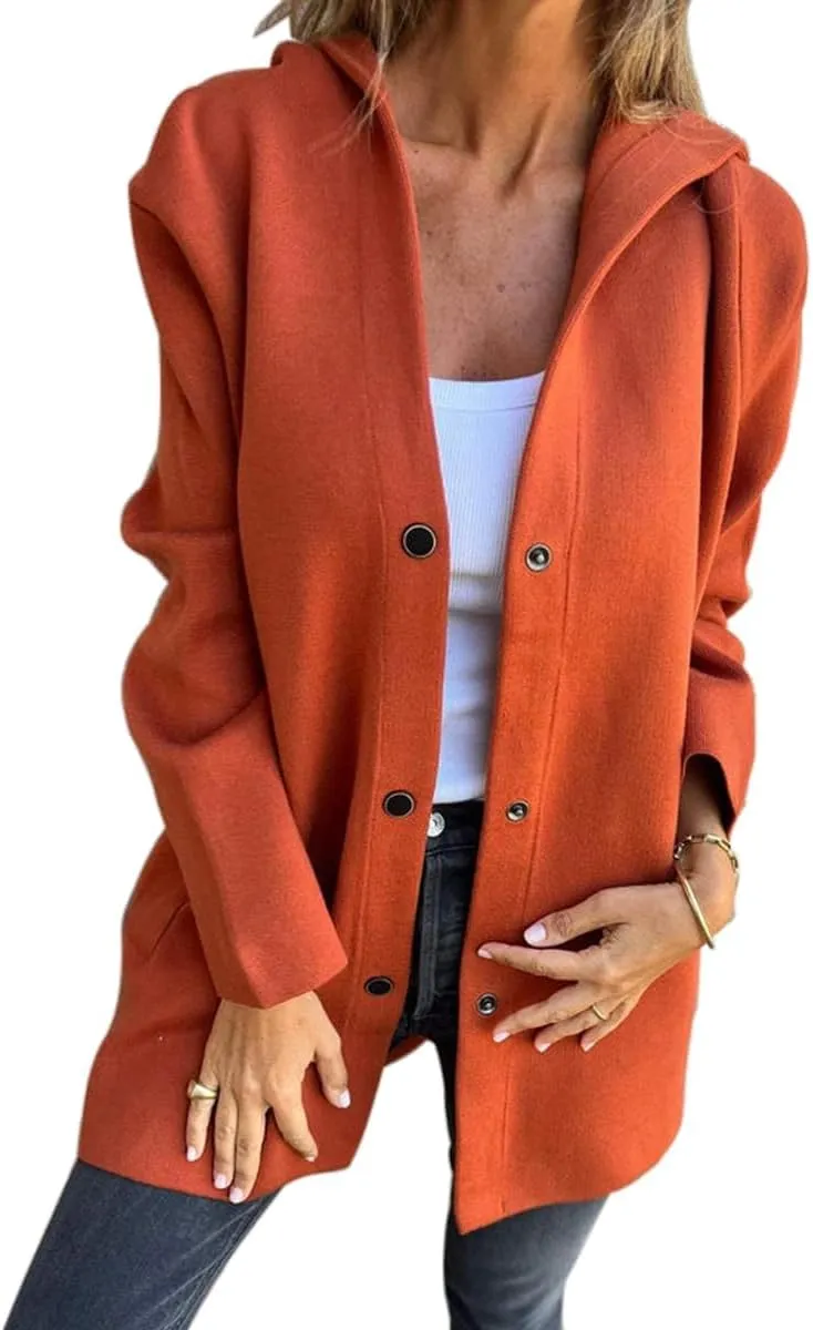 Womens Jackets Casual Single Breasted Hooded Jacket Lapel Neck Long Sleeve Solid Color Trench Coat for Women 2024