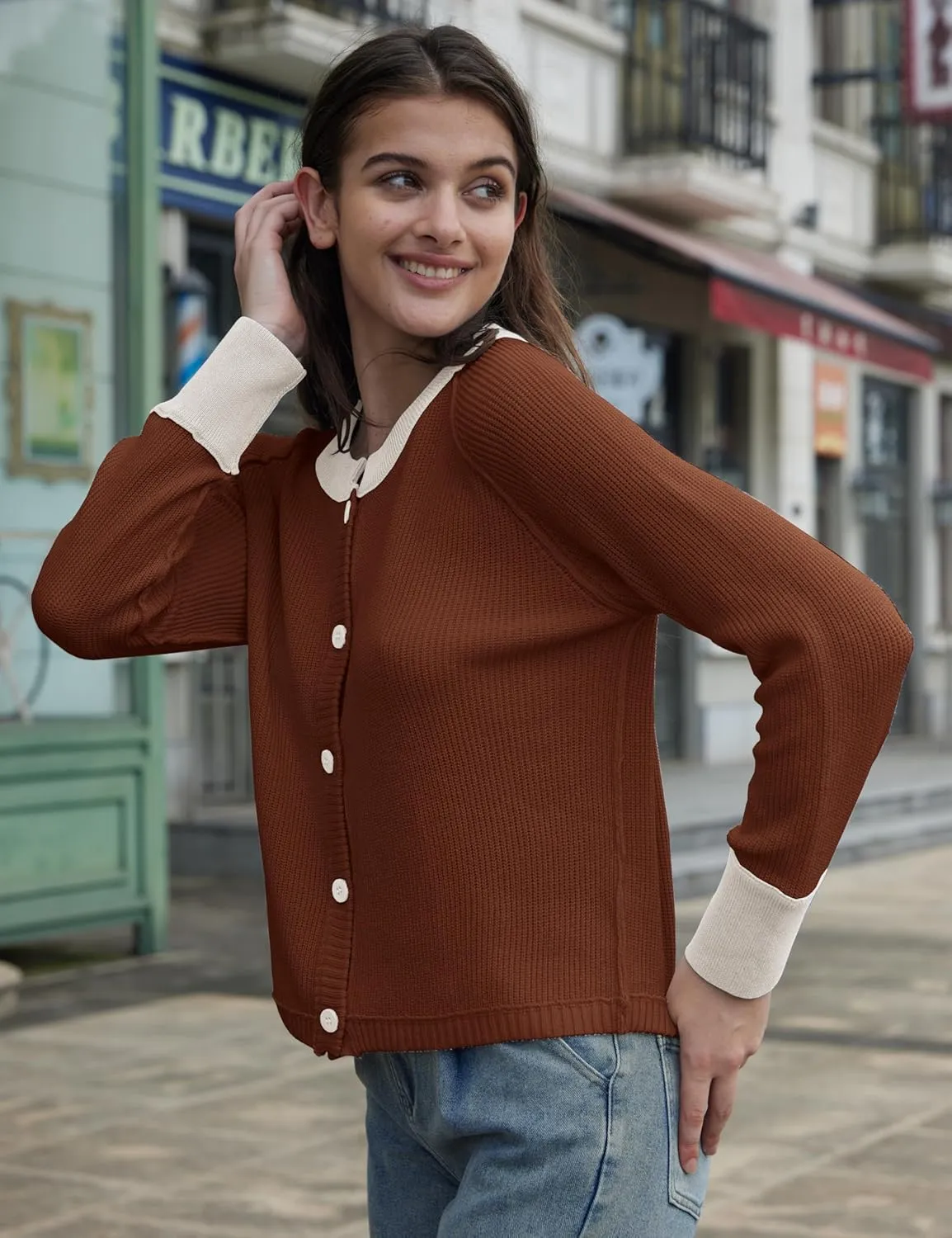Womens Lightweight Button Down Patchwork Crewneck Long Sleeve Open Front Knit Cardigan Sweaters