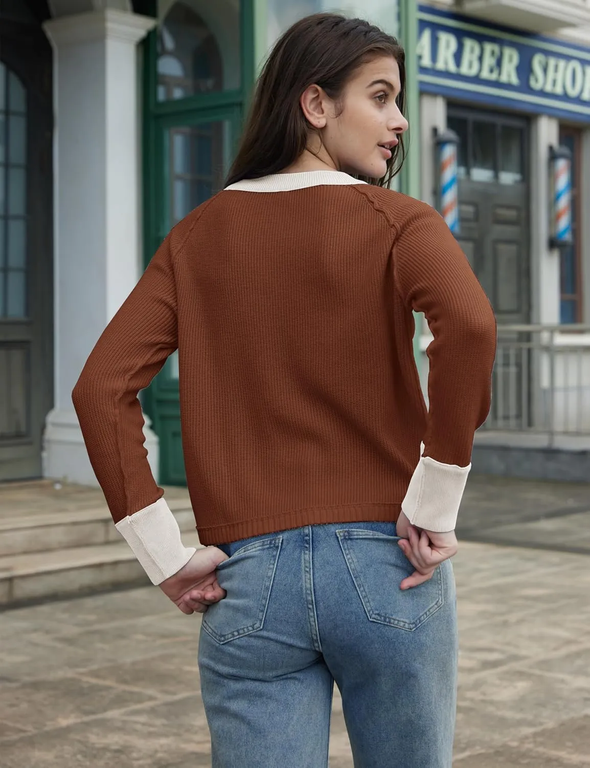 Womens Lightweight Button Down Patchwork Crewneck Long Sleeve Open Front Knit Cardigan Sweaters