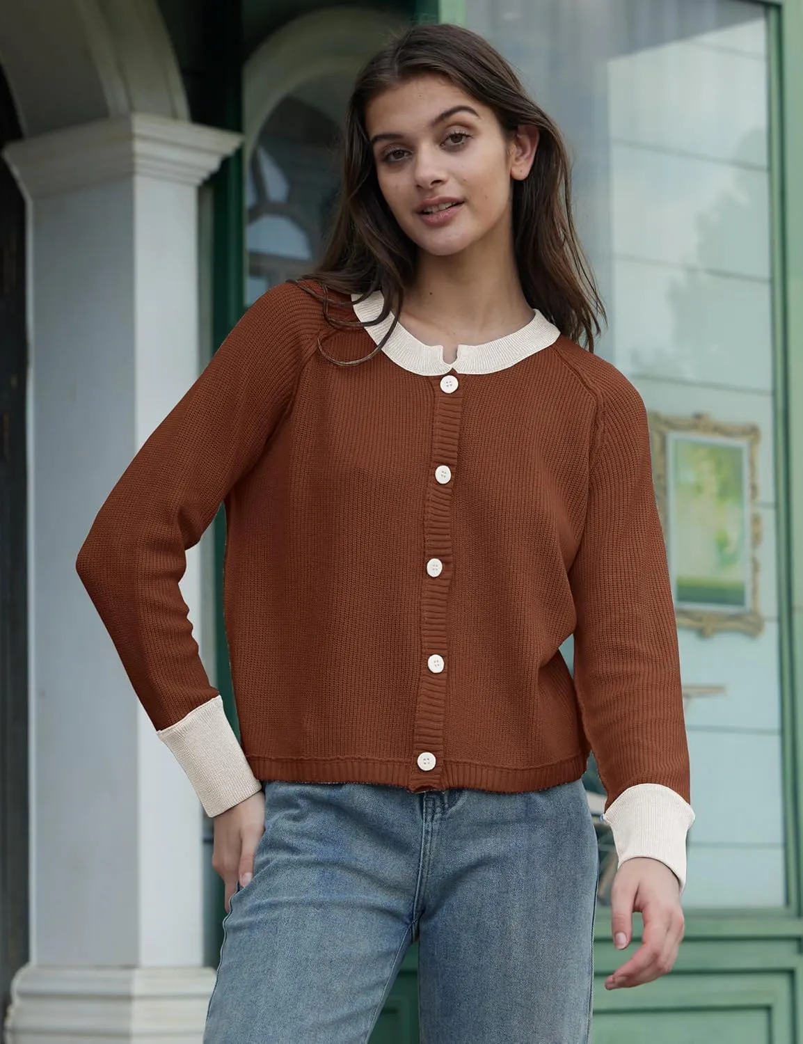 Womens Lightweight Button Down Patchwork Crewneck Long Sleeve Open Front Knit Cardigan Sweaters