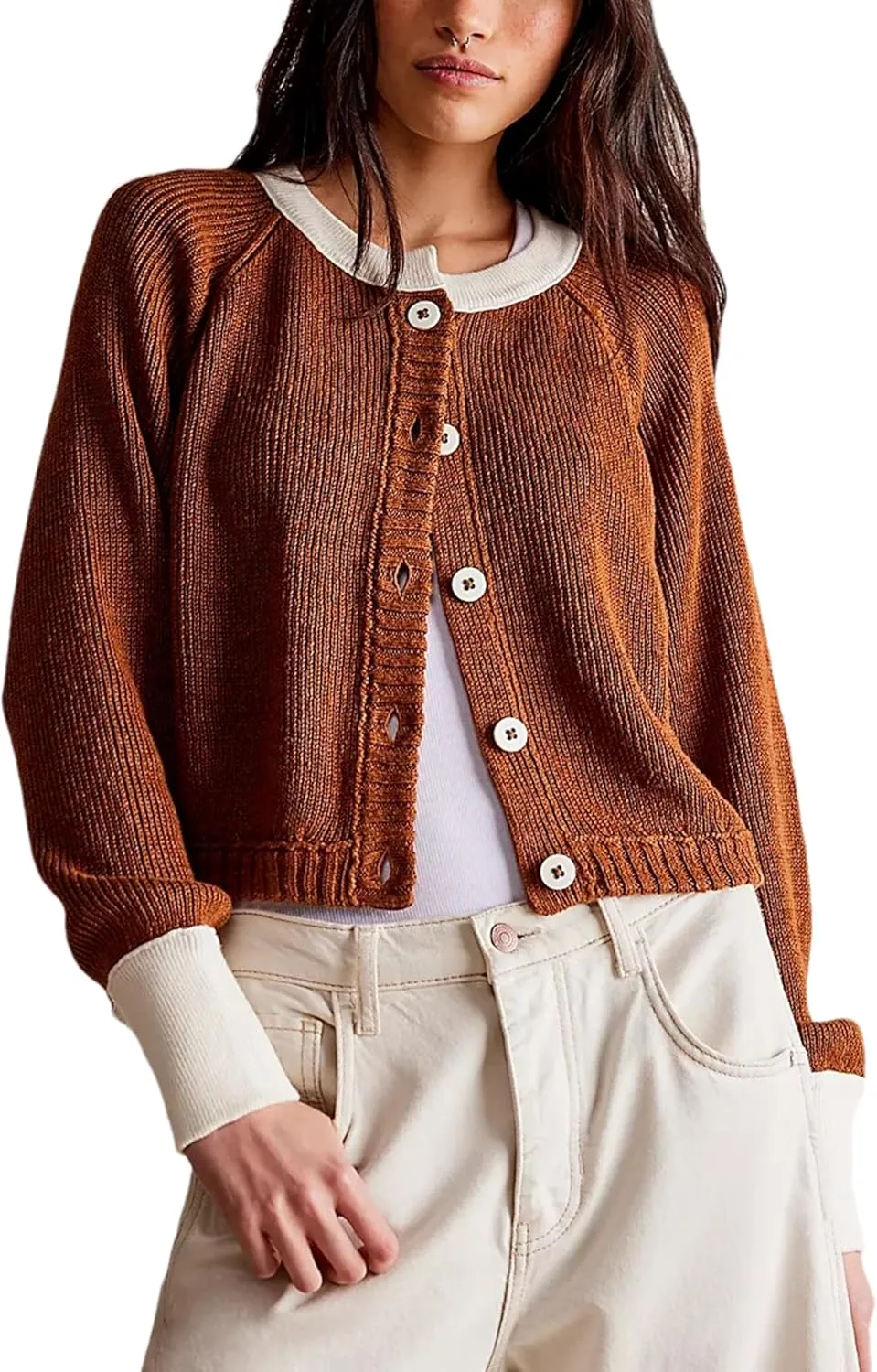Womens Lightweight Button Down Patchwork Crewneck Long Sleeve Open Front Knit Cardigan Sweaters