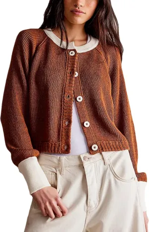 Womens Lightweight Button Down Patchwork Crewneck Long Sleeve Open Front Knit Cardigan Sweaters