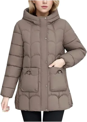 Women's Lightweight Cotton Down Coats Winter Midi Length Padded Parkas Hooded Pockets Jacket