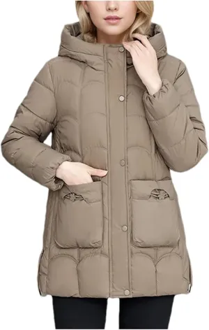 Women's Lightweight Cotton Down Coats Winter Midi Length Padded Parkas Hooded Pockets Jacket