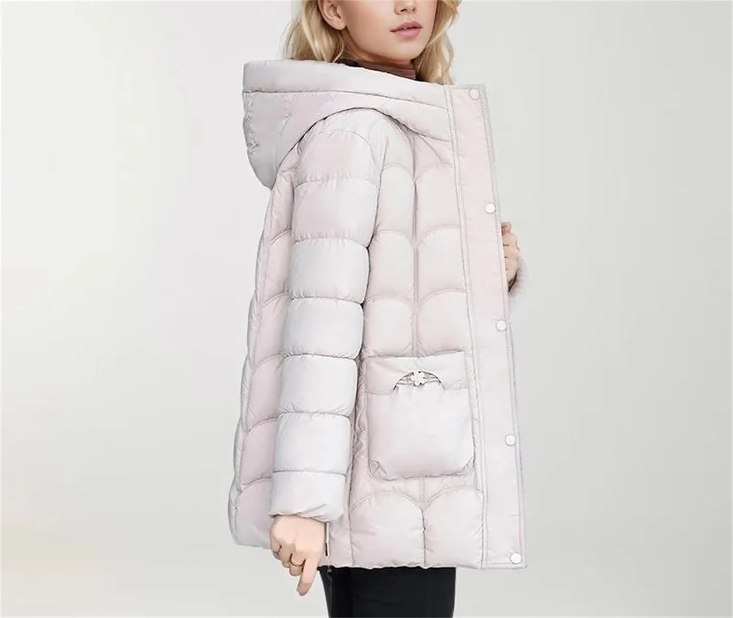 Women's Lightweight Cotton Down Coats Winter Midi Length Padded Parkas Hooded Pockets Jacket