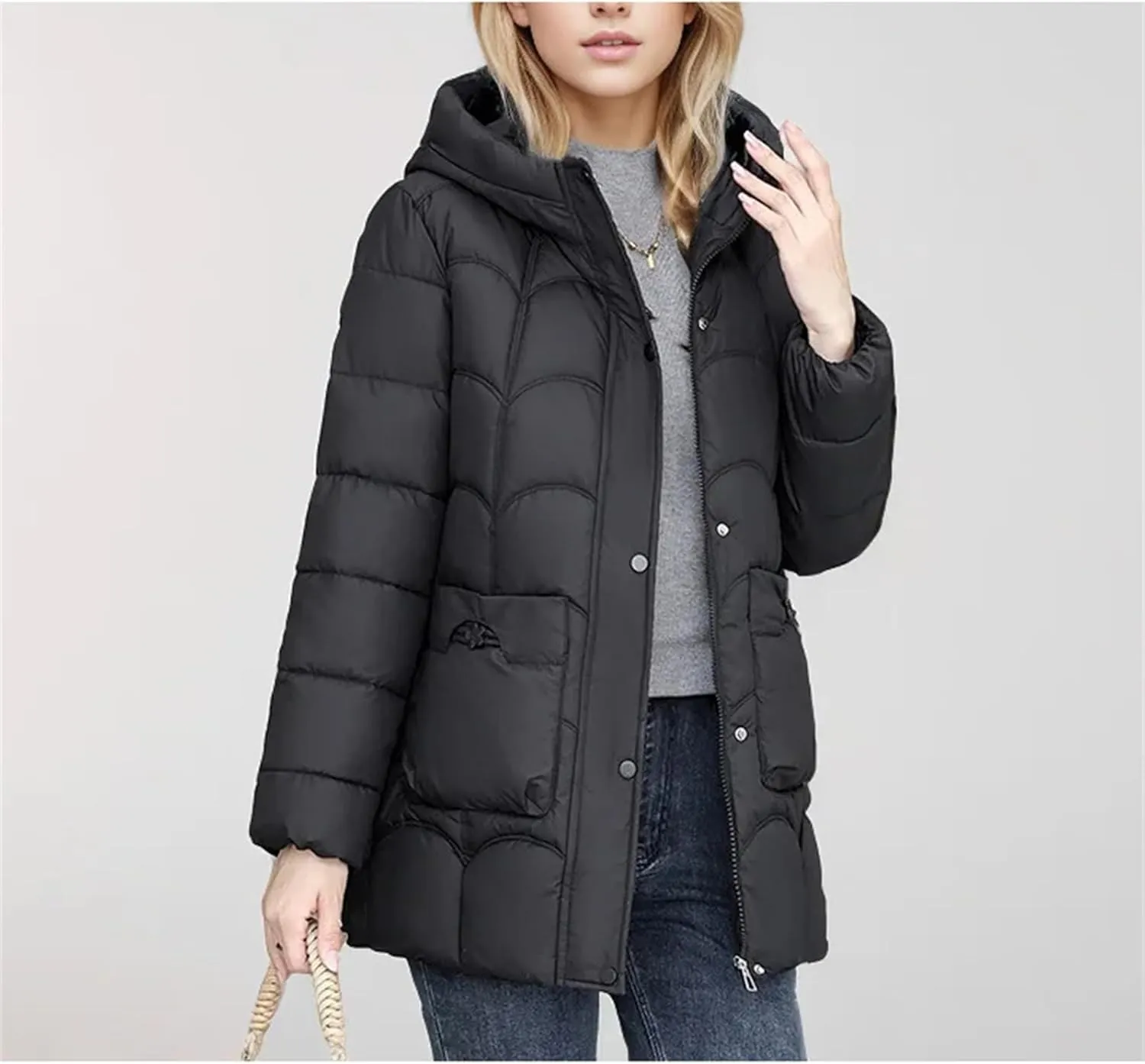 Women's Lightweight Cotton Down Coats Winter Midi Length Padded Parkas Hooded Pockets Jacket