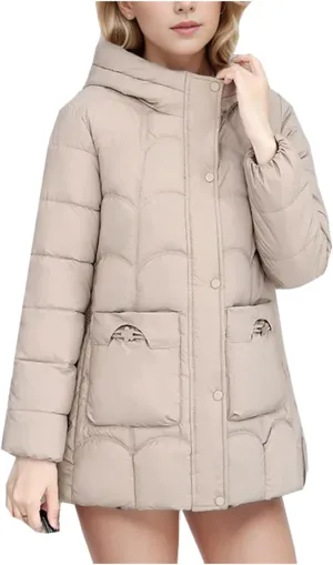 Women's Lightweight Cotton Down Coats Winter Midi Length Padded Parkas Hooded Pockets Jacket