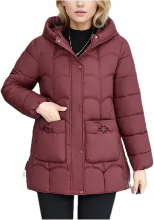 Women's Lightweight Cotton Down Coats Winter Midi Length Padded Parkas Hooded Pockets Jacket