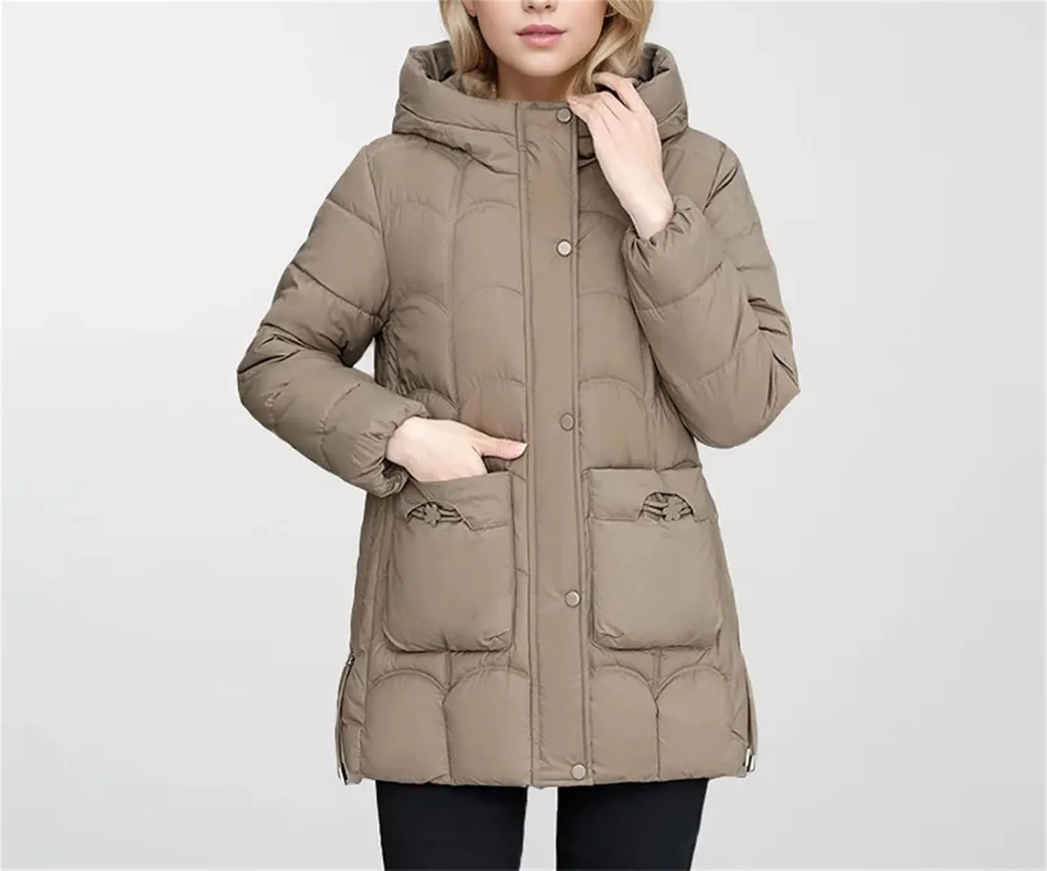Women's Lightweight Cotton Down Coats Winter Midi Length Padded Parkas Hooded Pockets Jacket