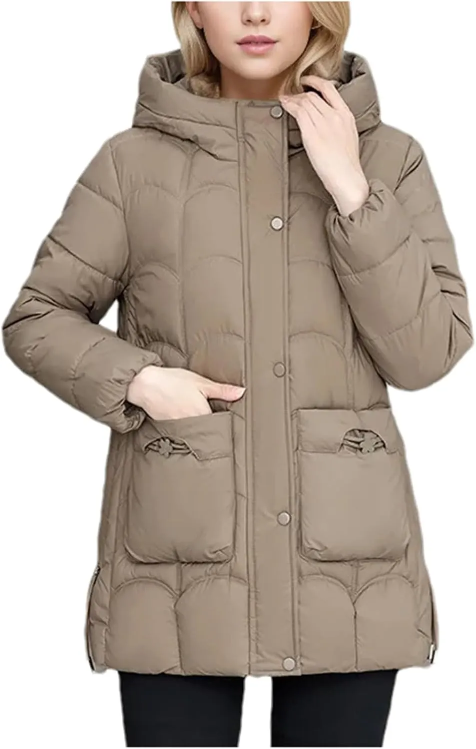 Women's Lightweight Cotton Down Coats Winter Midi Length Padded Parkas Hooded Pockets Jacket
