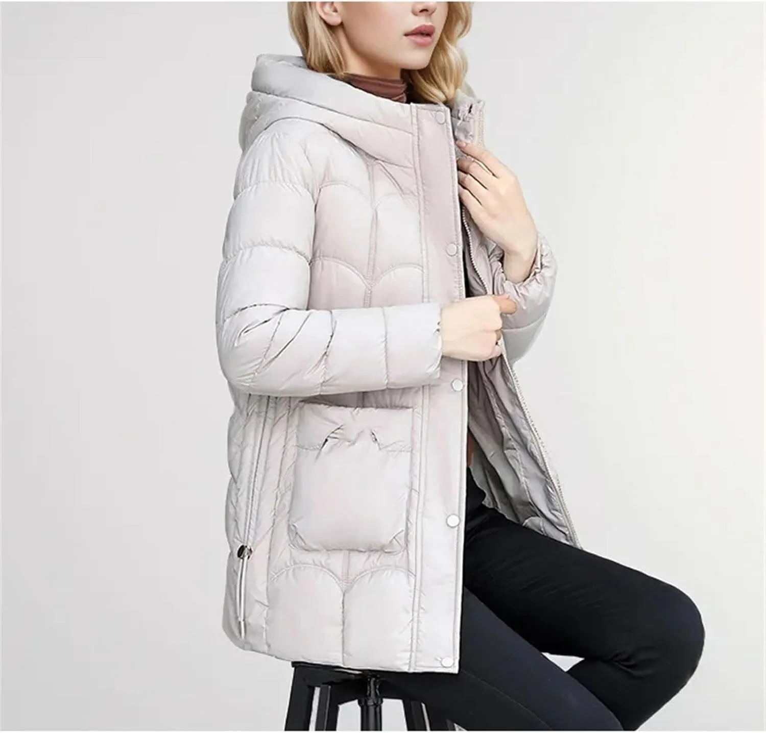 Women's Lightweight Cotton Down Coats Winter Midi Length Padded Parkas Hooded Pockets Jacket