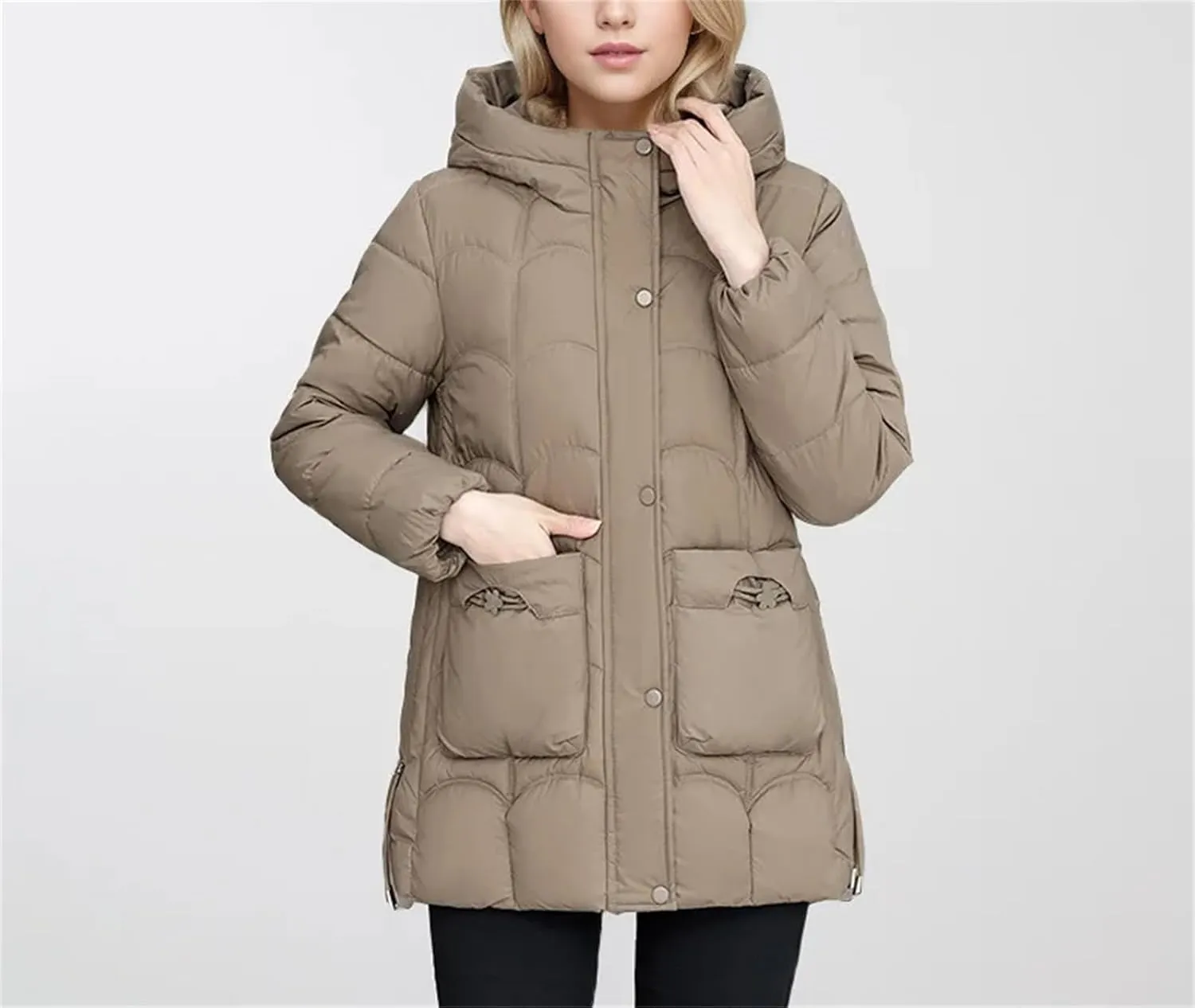 Women's Lightweight Cotton Down Coats Winter Midi Length Padded Parkas Hooded Pockets Jacket