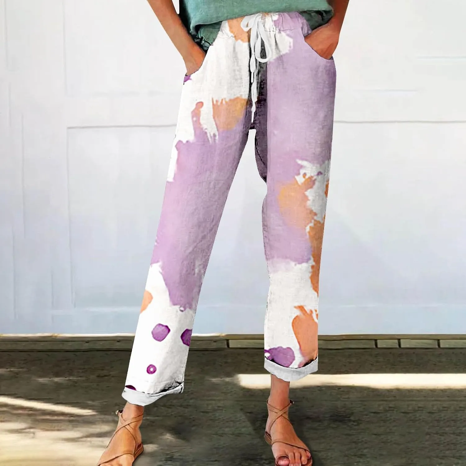Women's Linen Blend Drawstring Relaxed Fit Wide Leg Pant High Waist Flowy Summer Beach Drawstring Pant Trouser