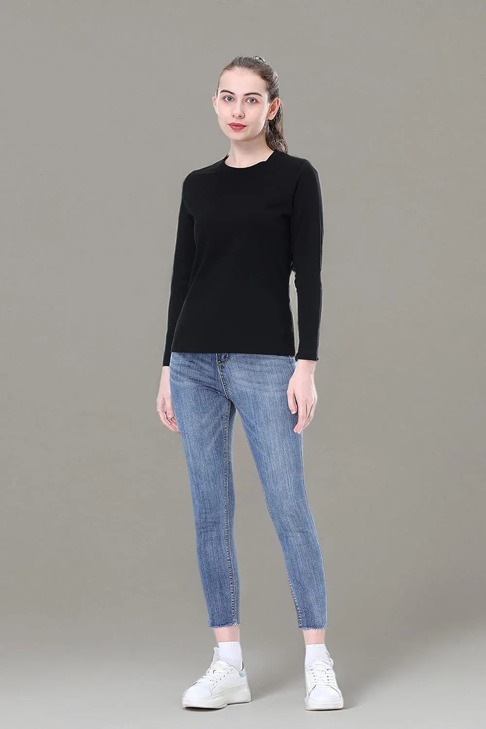Women's Long Sleeve Crew Neck Cotton T-Shirt Regular Fit Lightweight Solid Basic Tee Soft Casual Tops Baselayer