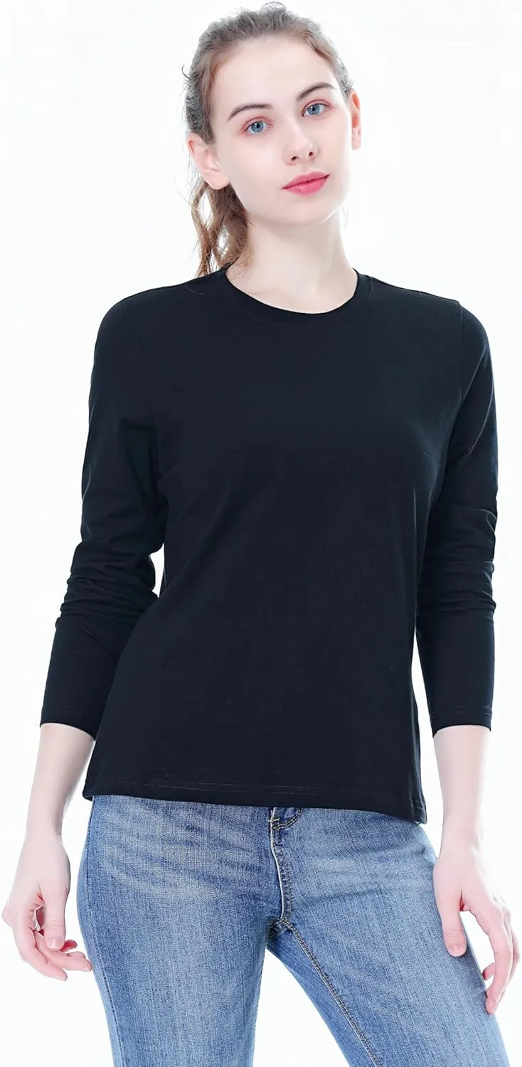 Women's Long Sleeve Crew Neck Cotton T-Shirt Regular Fit Lightweight Solid Basic Tee Soft Casual Tops Baselayer