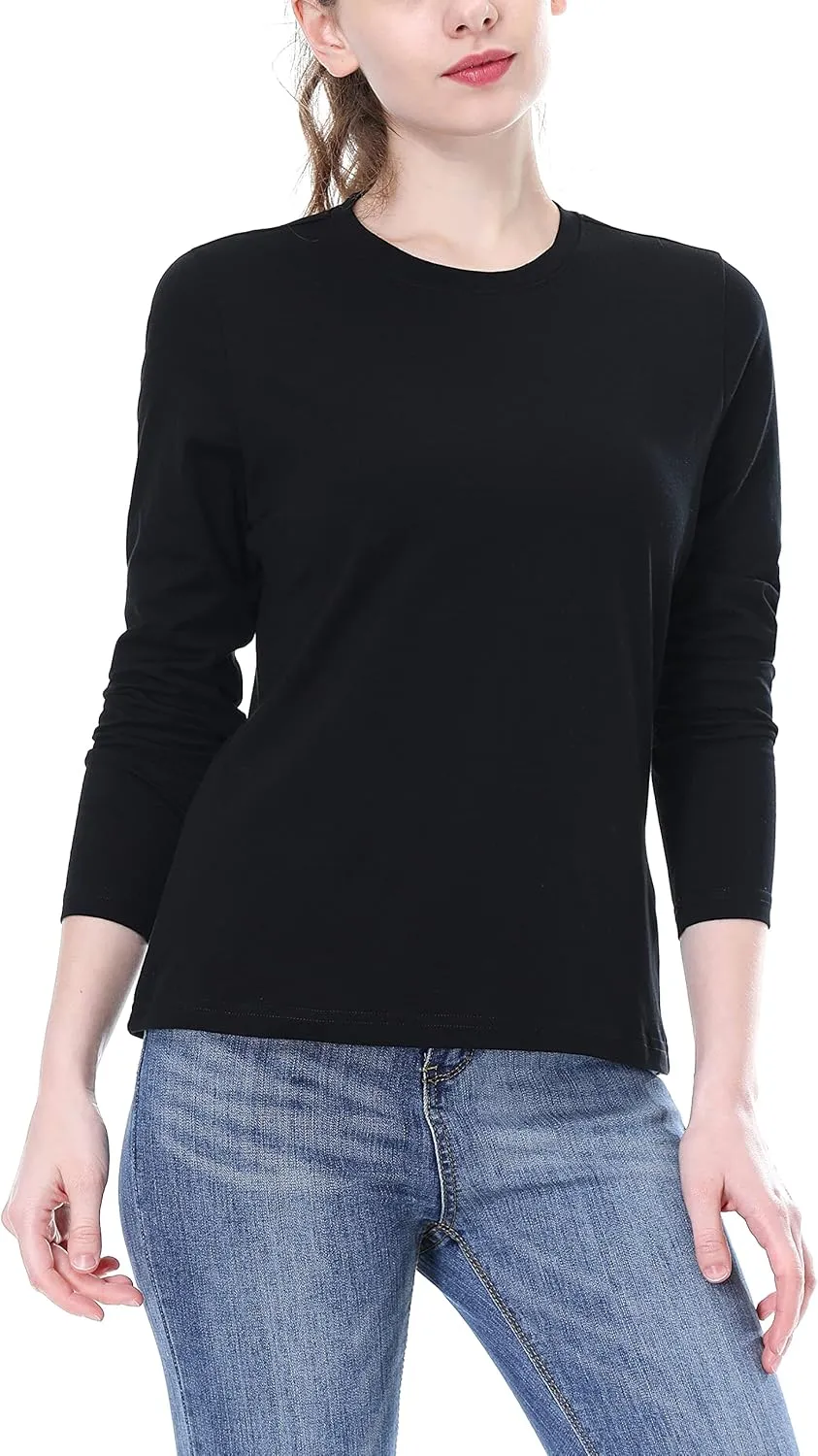 Women's Long Sleeve Crew Neck Cotton T-Shirt Regular Fit Lightweight Solid Basic Tee Soft Casual Tops Baselayer