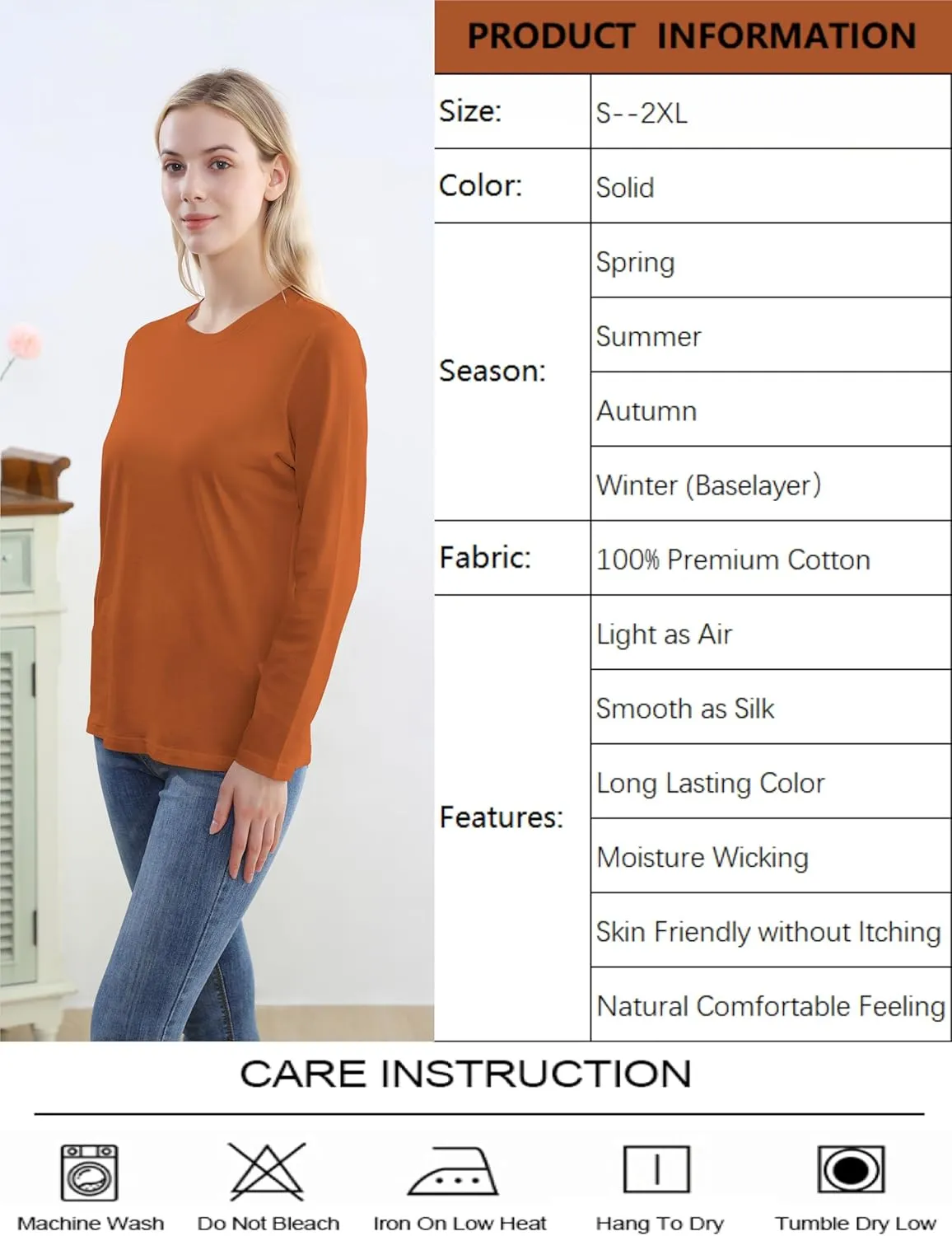 Women's Long Sleeve Crew Neck Cotton T-Shirt Regular Fit Lightweight Solid Basic Tee Soft Casual Tops Baselayer