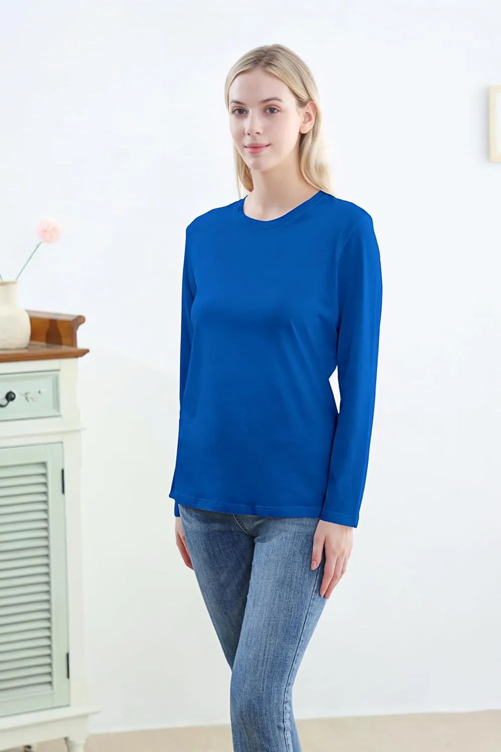 Women's Long Sleeve Crew Neck Cotton T-Shirt Regular Fit Lightweight Solid Basic Tee Soft Casual Tops Baselayer