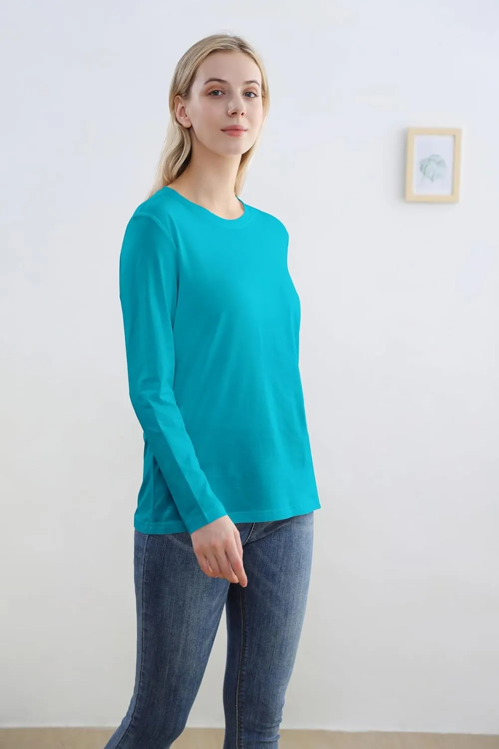 Women's Long Sleeve Crew Neck Cotton T-Shirt Regular Fit Lightweight Solid Basic Tee Soft Casual Tops Baselayer