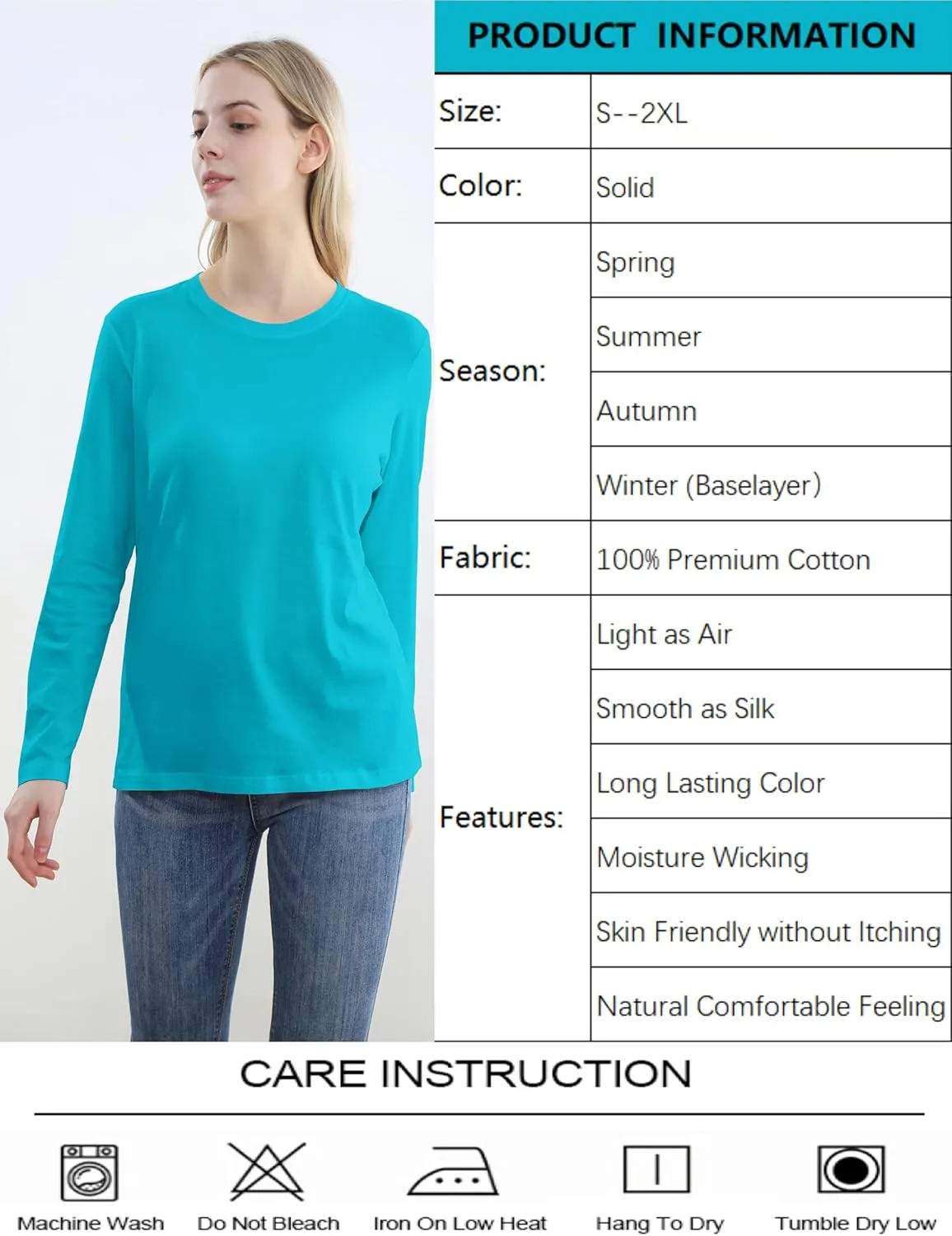 Women's Long Sleeve Crew Neck Cotton T-Shirt Regular Fit Lightweight Solid Basic Tee Soft Casual Tops Baselayer