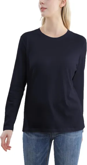 Women's Long Sleeve Crew Neck Cotton T-Shirt Regular Fit Lightweight Solid Basic Tee Soft Casual Tops Baselayer