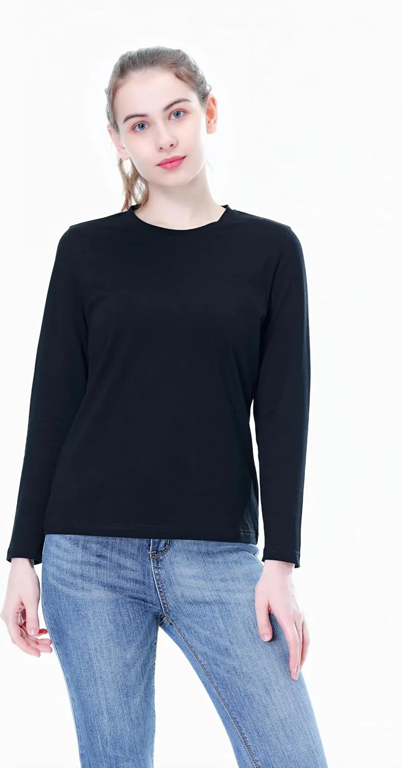 Women's Long Sleeve Crew Neck Cotton T-Shirt Regular Fit Lightweight Solid Basic Tee Soft Casual Tops Baselayer