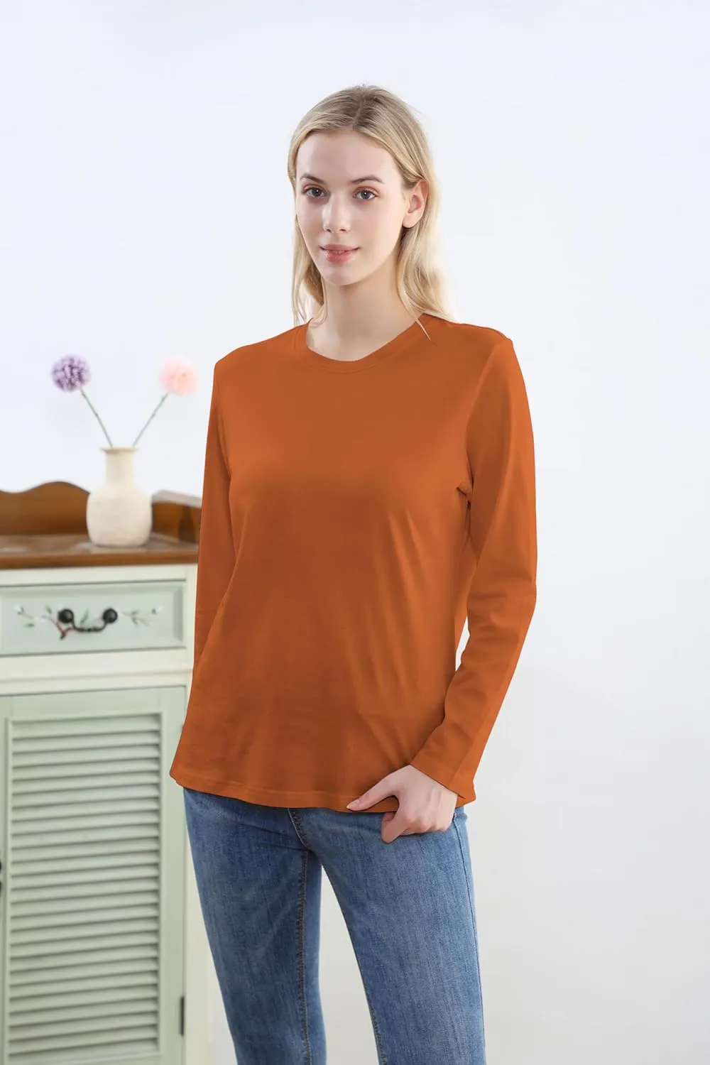 Women's Long Sleeve Crew Neck Cotton T-Shirt Regular Fit Lightweight Solid Basic Tee Soft Casual Tops Baselayer