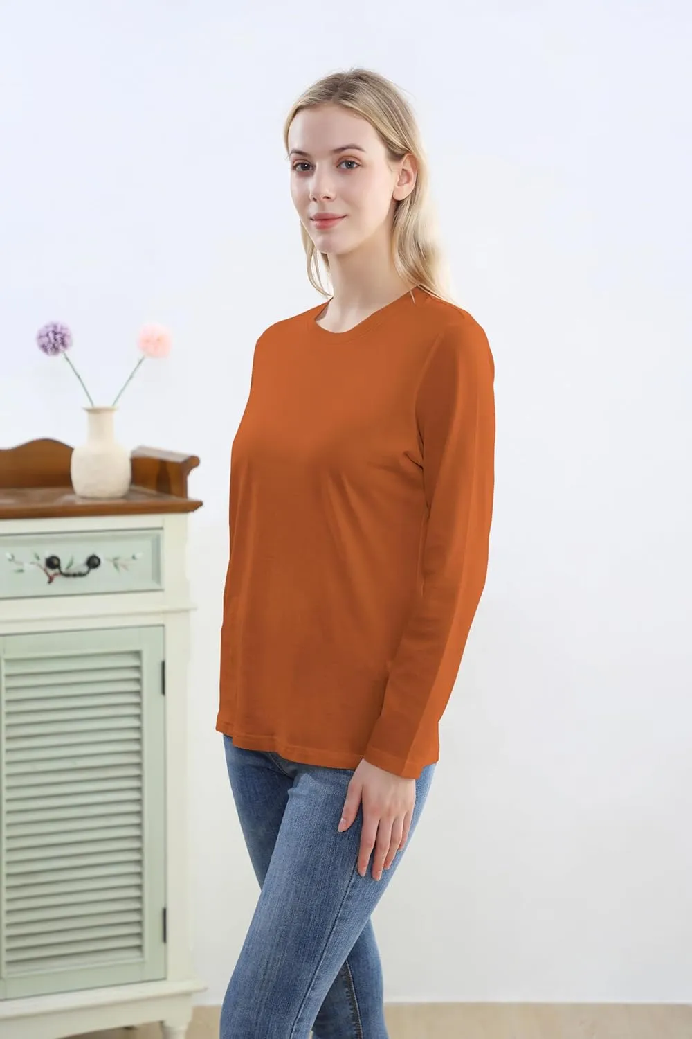 Women's Long Sleeve Crew Neck Cotton T-Shirt Regular Fit Lightweight Solid Basic Tee Soft Casual Tops Baselayer