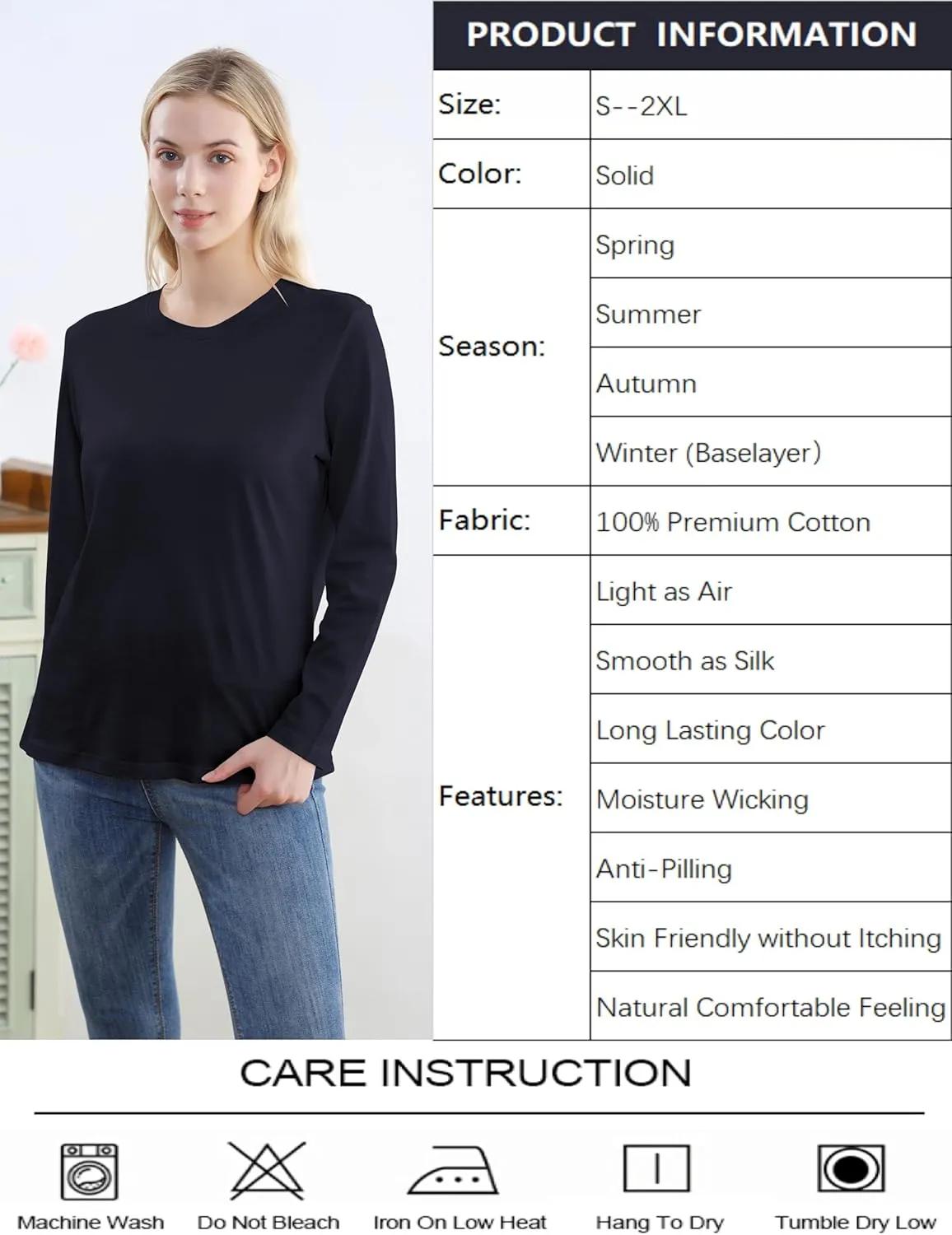 Women's Long Sleeve Crew Neck Cotton T-Shirt Regular Fit Lightweight Solid Basic Tee Soft Casual Tops Baselayer