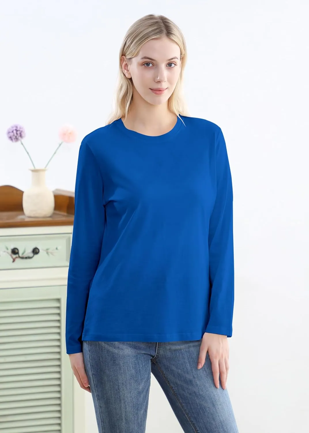 Women's Long Sleeve Crew Neck Cotton T-Shirt Regular Fit Lightweight Solid Basic Tee Soft Casual Tops Baselayer