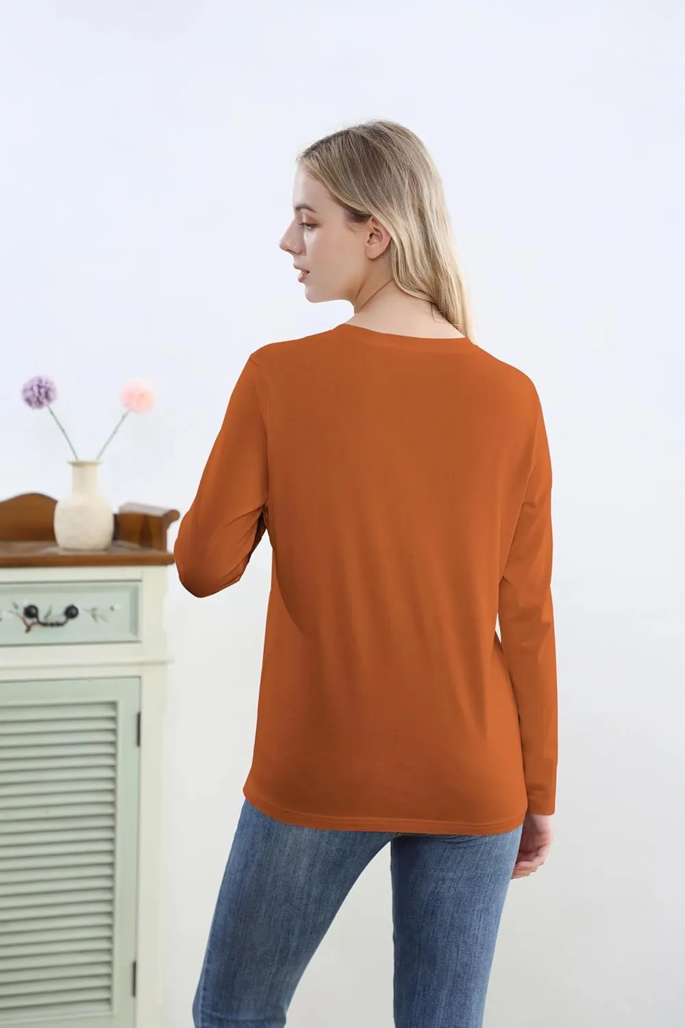 Women's Long Sleeve Crew Neck Cotton T-Shirt Regular Fit Lightweight Solid Basic Tee Soft Casual Tops Baselayer