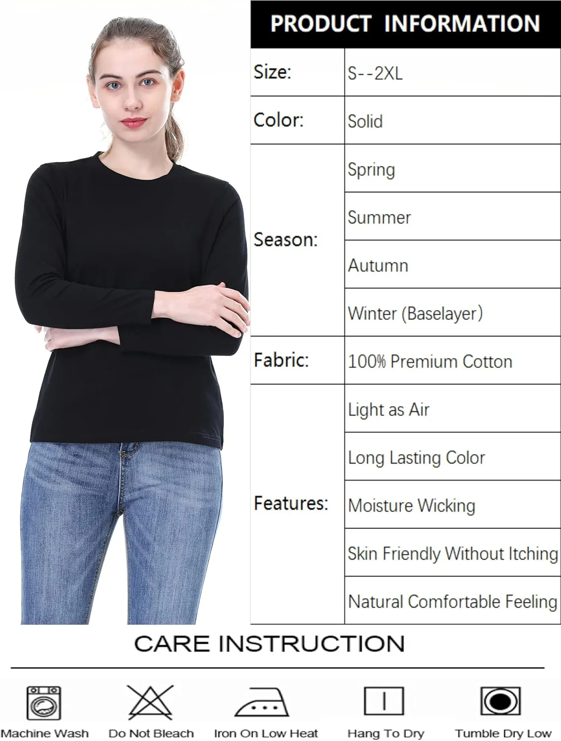 Women's Long Sleeve Crew Neck Cotton T-Shirt Regular Fit Lightweight Solid Basic Tee Soft Casual Tops Baselayer