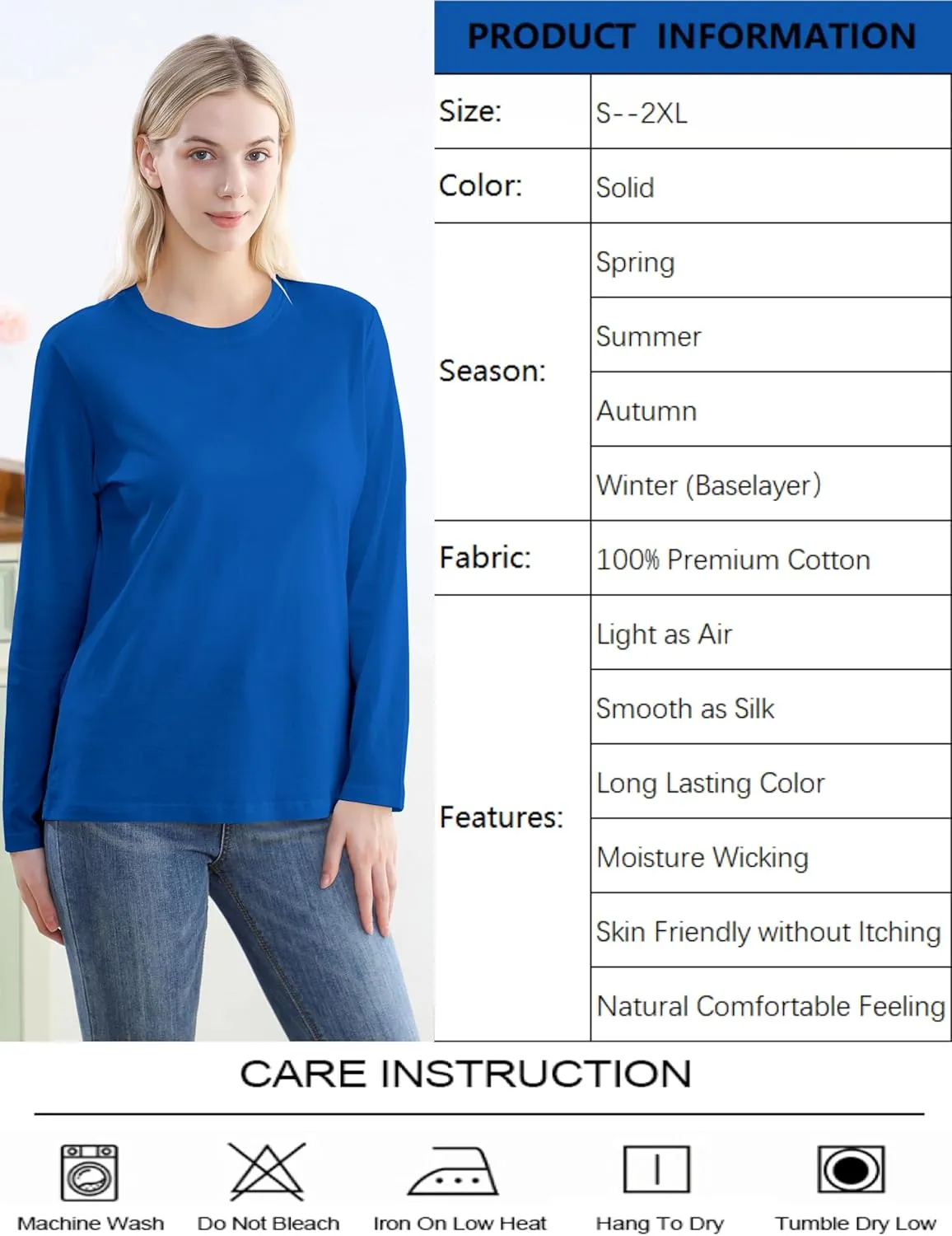 Women's Long Sleeve Crew Neck Cotton T-Shirt Regular Fit Lightweight Solid Basic Tee Soft Casual Tops Baselayer