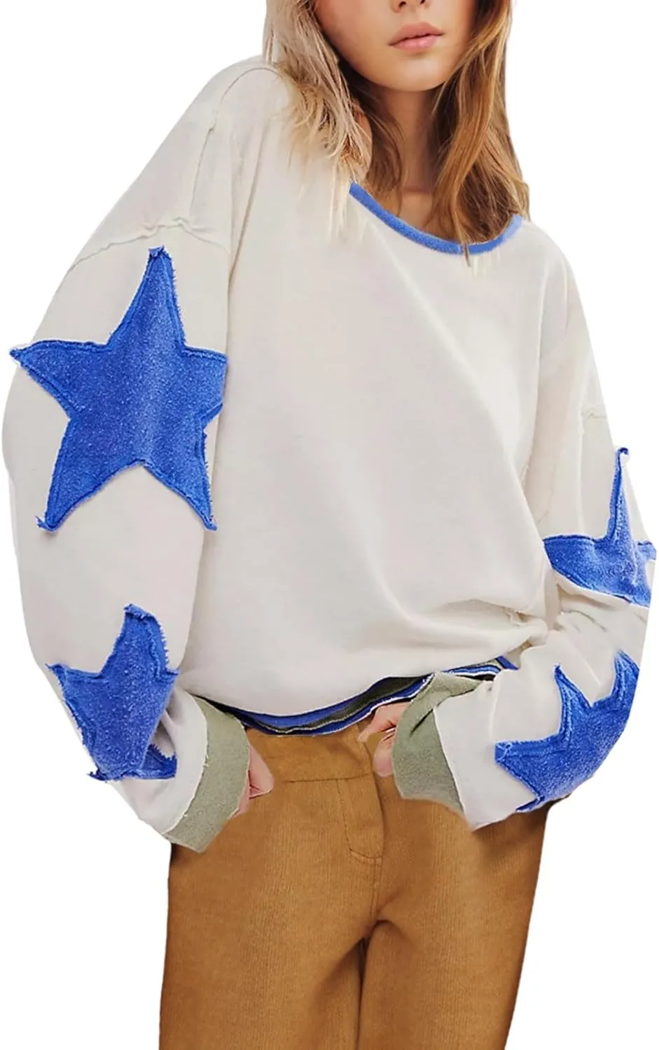 Womens Oversized Sweatshirts Fashion Y2k Tops Casual Crewneck Patchwork Pattern Pullover Shirt 2024 Streetwear