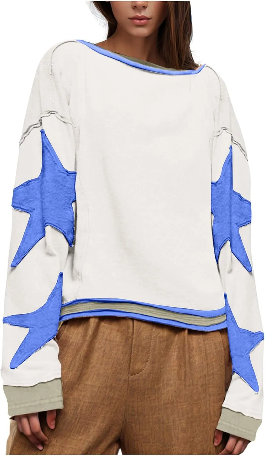 Womens Oversized Sweatshirts Fashion Y2k Tops Casual Crewneck Patchwork Pattern Pullover Shirt 2024 Streetwear