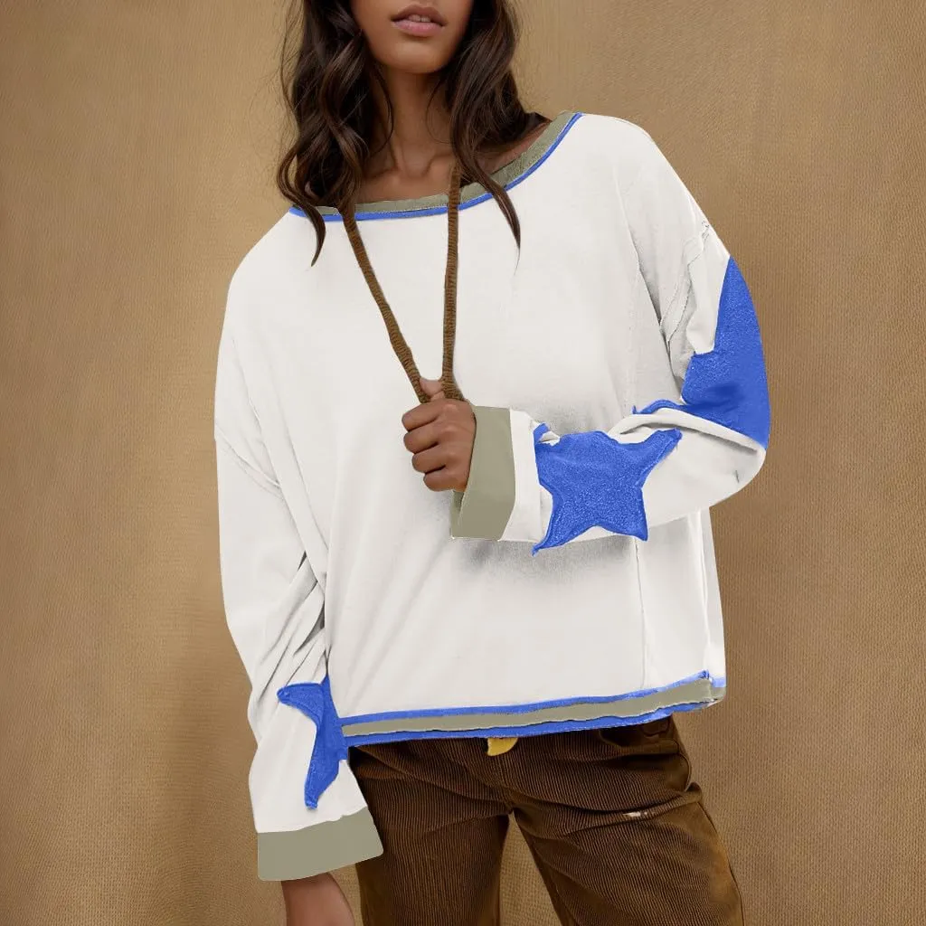 Womens Oversized Sweatshirts Fashion Y2k Tops Casual Crewneck Patchwork Pattern Pullover Shirt 2024 Streetwear