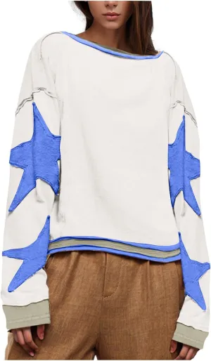 Womens Oversized Sweatshirts Fashion Y2k Tops Casual Crewneck Patchwork Pattern Pullover Shirt 2024 Streetwear