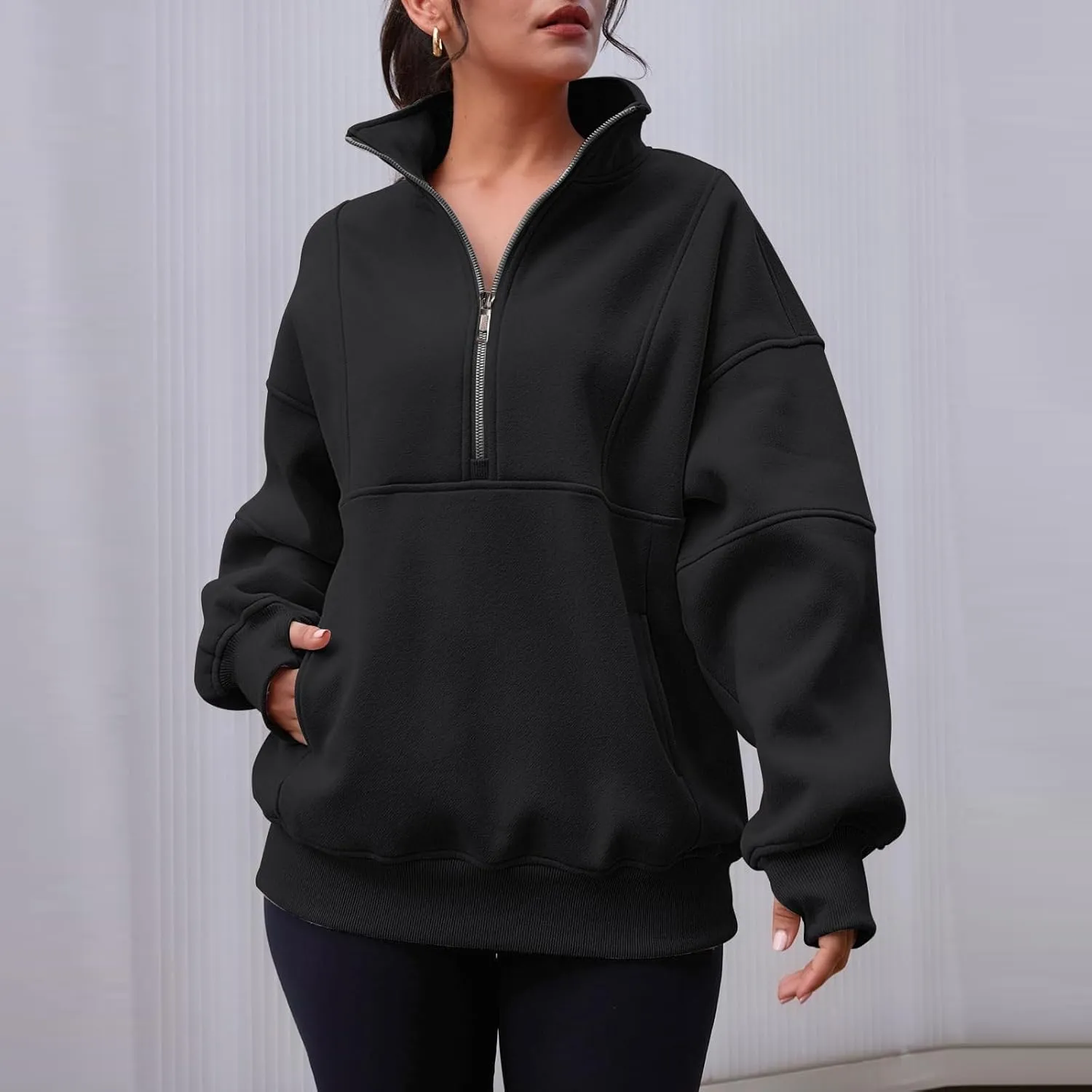 Women's Oversized Sweatshirts Long Sleeve Half Zip Fleece Pullover Tops Trendy Solid Color Fall Winter Clothes