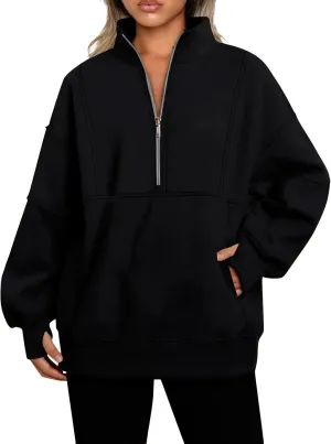 Women's Oversized Sweatshirts Long Sleeve Half Zip Fleece Pullover Tops Trendy Solid Color Fall Winter Clothes