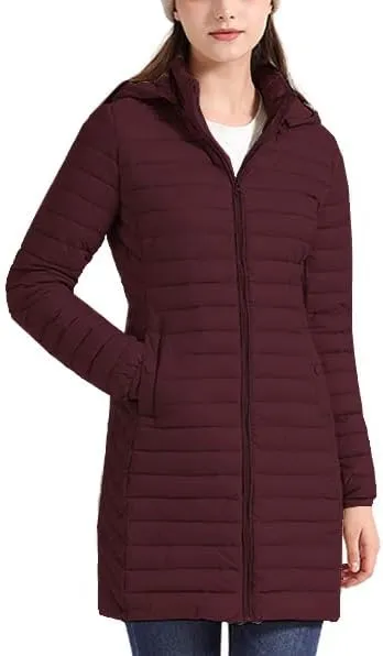 Women's Packable Long Puffer Jacket Lightweight Quilted Parka Jacket Winter Coat with Detachable Hood
