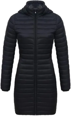 Women's Packable Long Puffer Jacket Lightweight Quilted Parka Jacket Winter Coat with Detachable Hood