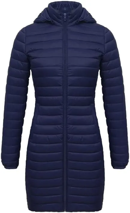 Women's Packable Long Puffer Jacket Lightweight Quilted Parka Jacket Winter Coat with Detachable Hood