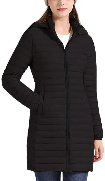 Women's Packable Long Puffer Jacket Lightweight Quilted Parka Jacket Winter Coat with Detachable Hood