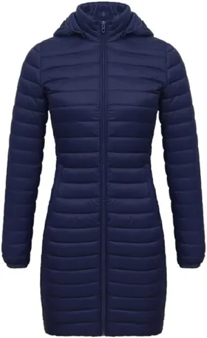 Women's Packable Long Puffer Jacket Lightweight Quilted Parka Jacket Winter Coat with Detachable Hood