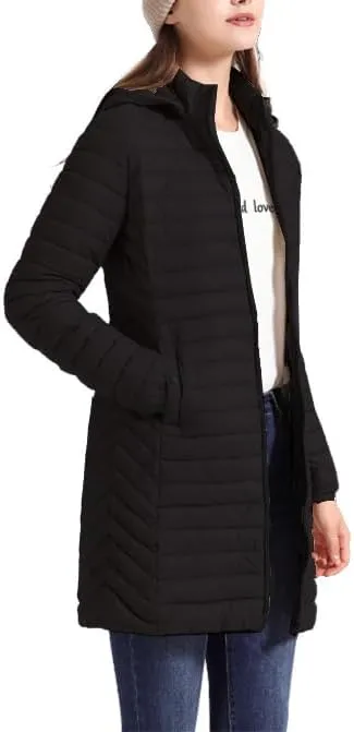 Women's Packable Long Puffer Jacket Lightweight Quilted Parka Jacket Winter Coat with Detachable Hood