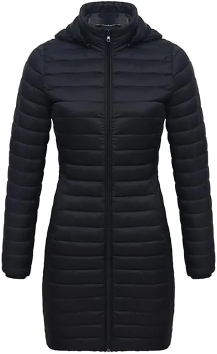 Women's Packable Long Puffer Jacket Lightweight Quilted Parka Jacket Winter Coat with Detachable Hood
